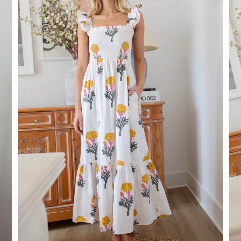 Marea Sasco White and Yellow Square Neck Sundress Maxi